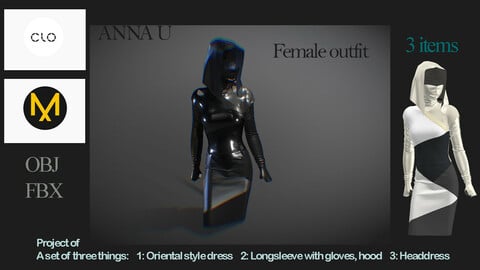 Clo3D, Marvelous Designer project: Female Outfit Set of 3 Garments! +Extra Headdress +Extra mask