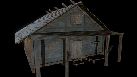 3d Medieval wooden house low poly