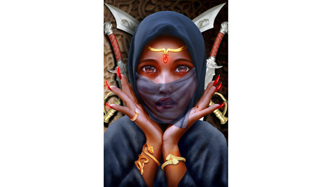 Eastern beauty on the background of swords and sabers.