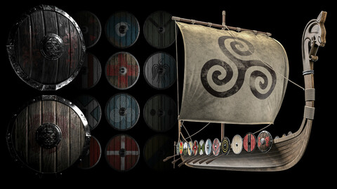 40 minutes texturing tutorial with the FBX king shield for training+ Viking warship highpoly model(ready for render) + 20 viking shield