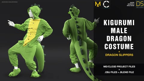 Kigurumi male dragon costume + free dragon slippers / MD / Clo3D project + obj + .blend files