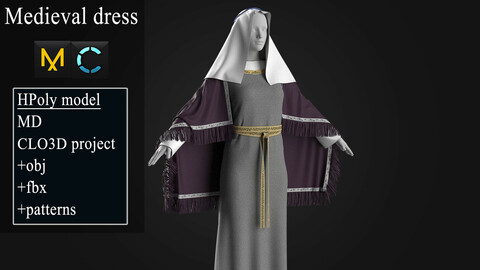 Medieval dress №2. Marvelous Designer / Clo3d project +OBJ +FBX.