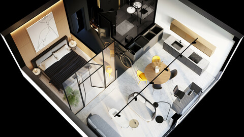 3D plan of cozy modern interior from top and perspective angles 3D model