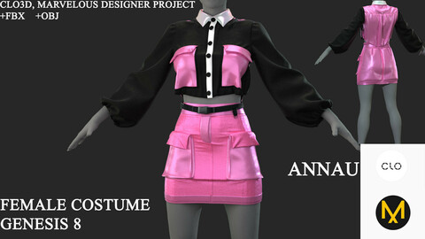 GENESIS 8: FEMALE COSTUME |SHIRT+BELT+SKIRT: CLO3D, MARVELOUS DESIGNER PROJECT| +FBX+OBJ
