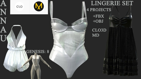 GENESIS 8 FEMALE LINGERIE SET: CLO3D, MARVELOUS DESIGNER 4 PROJECTS| +OBJ +FBX