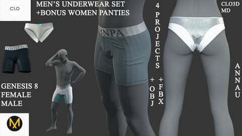 GENESIS 8 |MALE, FEMALE| MALE UNDERWEAR SET| +BONUS: FEMALE PANTIES: CLO3D, MARVELOUS DESIGNER PROJECT| +OBJ +FBX