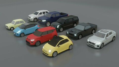 collection of 9 low poly cars