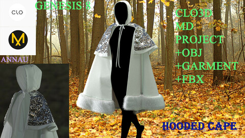 GENESIS 8 FEMALE HOODED CAPE: CLO3D, MARVELOUS DESIGNER 1 PROJECT+ GARMENT+POSE| +OBJ +FBX