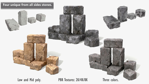 Stones rock set 01 Four high-detailed pieces - 3 colors Low-poly 3D model