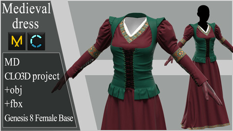 Medieval dress №3. Marvelous Designer / Clo3d project +OBJ +FBX.