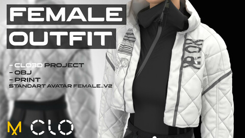 Female outfit #2 for CLO 3D standart Avatar Fenale_V2. Bodysuit + Pants + Puffer Jacket