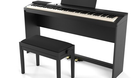 Digital black piano keyboard with piano bench