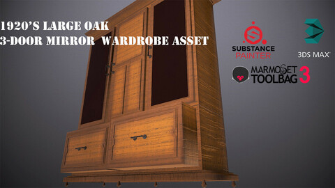 1920's Large Oak 3-Door Mirror Wardrobe [Free Model Included]