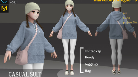 Polyester Clothes/Uniform/Outfit_Girl hoodies & Hat & Bag_Marvelous Designer, CLO3D