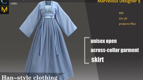 Chinese-Style Dress Clo3d, Marvelous designer project_Hanfu & Kinmono_女性の漢服&着物