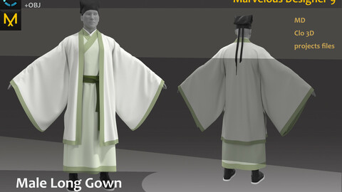 Customized_Chinese male Hanfu & Kinmono Long gown_Marvelous Designer Project_Practice for Zbrush