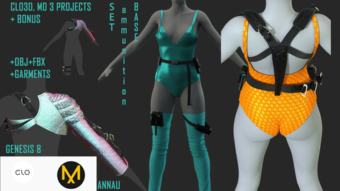 GENESIS 8 FEMALE BASE AMMUNITION SET №1+ BONUS BASE BODY: CLO3D, MARVELOUS DESIGNER 3 PROJECTS|+OBJ+FBX+GARMENTS