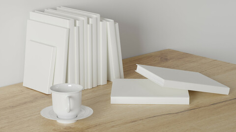 3d render Working desk with white background. blank book and coffee cup. minimal workspace. wall concept template.