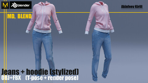 Jeans + hoodie. Clo3D. MD, Blender projects. OBJ+FBX  T-pose+render file