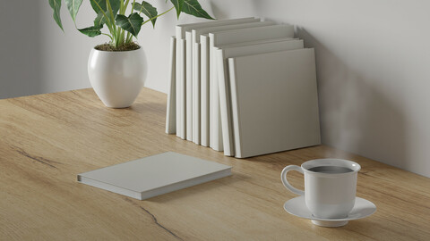 3d render Working desk with white background. blank book, green plant and coffee cup on wood table. minimal workspace. simple wall interior design concept template.