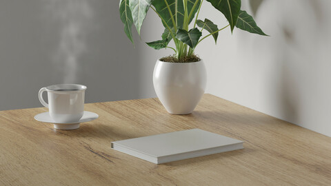 3d render Working desk with white background. blank book, green plant and coffee cup on wood table. minimal workspace. simple wall interior design concept template.