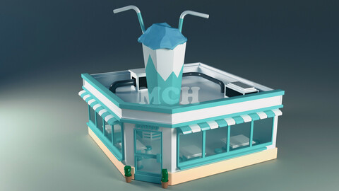 Coffee Shop Building low poly 3d model