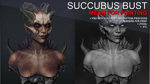 Succubus Bust - Sculpture for printing (STL), +Ztool, +Renders