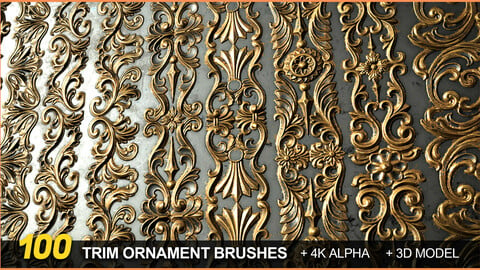 100 Seamless Trim ornament Brushes +Alphas +3D Models