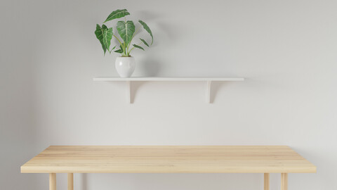 3d render Working desk and shelf with white background. minimal workspace. wall concept template.