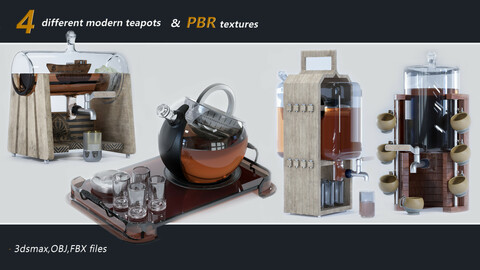 4 different modern teapots + pbr texture