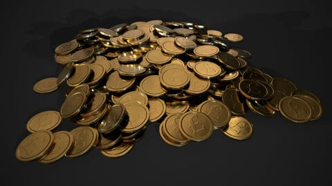 Gold coin- english pound design A- 3 piles, 1 stack, 1 coin