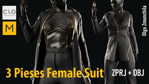 Three pieses female suit / jacket with shoulder pads, top, classic trousers/ Clo3d, MD projects +OBJ +FBX