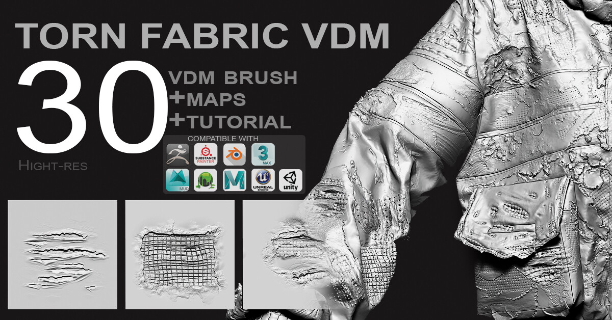 includes insert mesh brush for creating torn fabric in zbrush