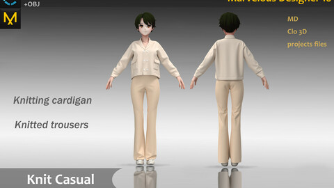 Knitting cardigan/trousers/Knit Casual_Clothes/Outfit/Suit_Marvelous designer(Clo3d) project_OBJ&FBX(if needed)