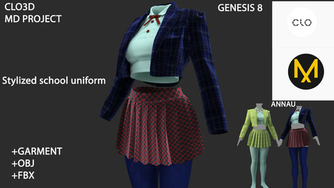 GENESIS 8 FEMALE: Stylized school uniform: CLO3D, MARVELOUS DESIGNER PROJECT+GARMENT| +OBJ +FBX