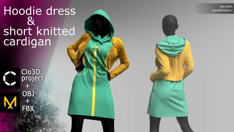 Clo3D project, Marvelous Designer. Hoodie dress & short knitted cardigan