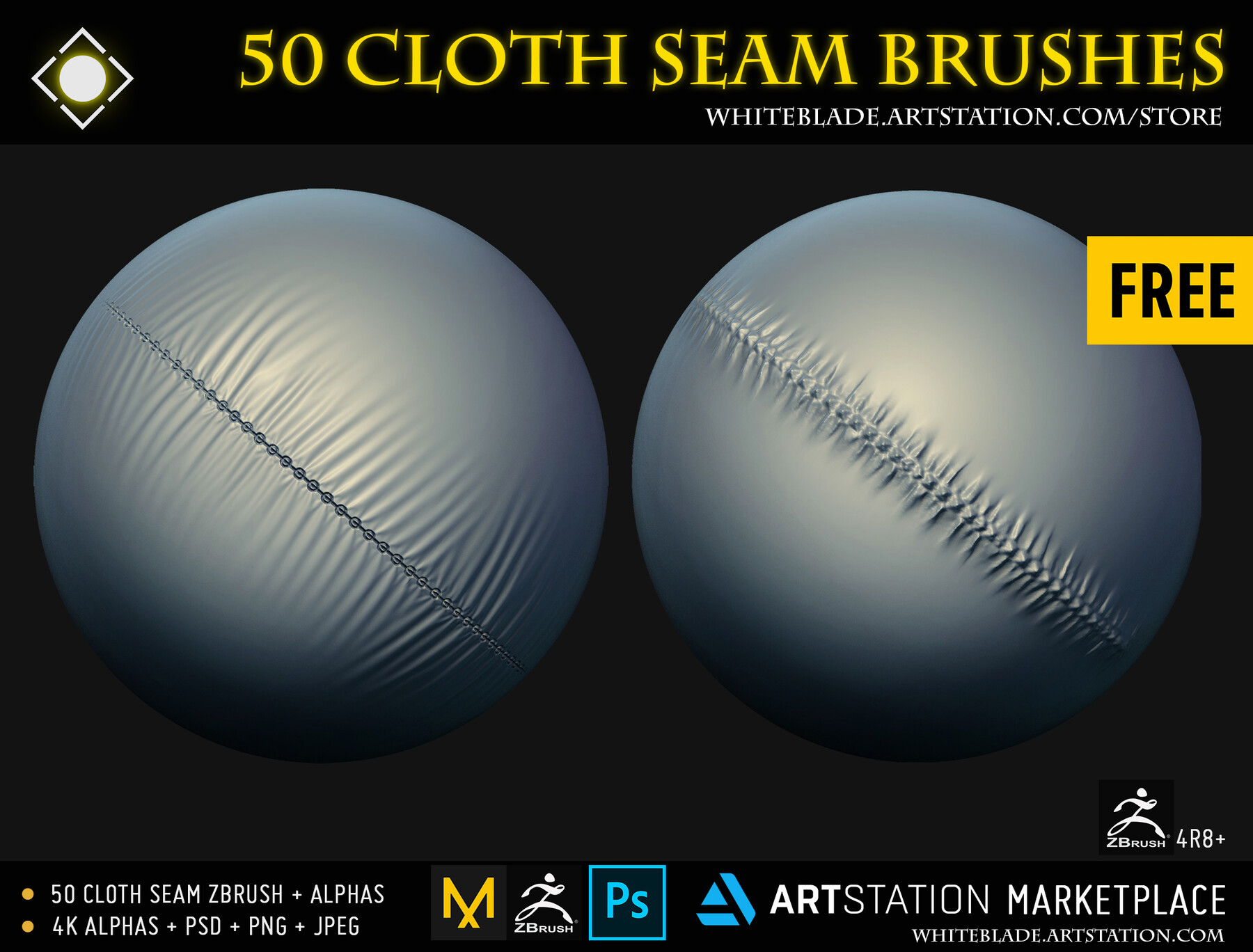 ArtStation - Cloth Seam Brushes + 4K Alphas - ZBrush 4R8+ FREE
