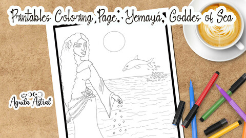 Yemayá, Goddess of the sea, printable coloring page, JPG, PDF