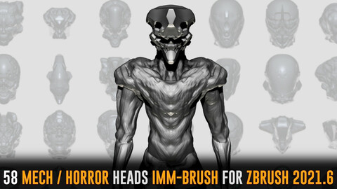 58 Mech/Horror Heads IMM-Brush For Zbrush 2021.6 - Includes OBJ and FBX Version.