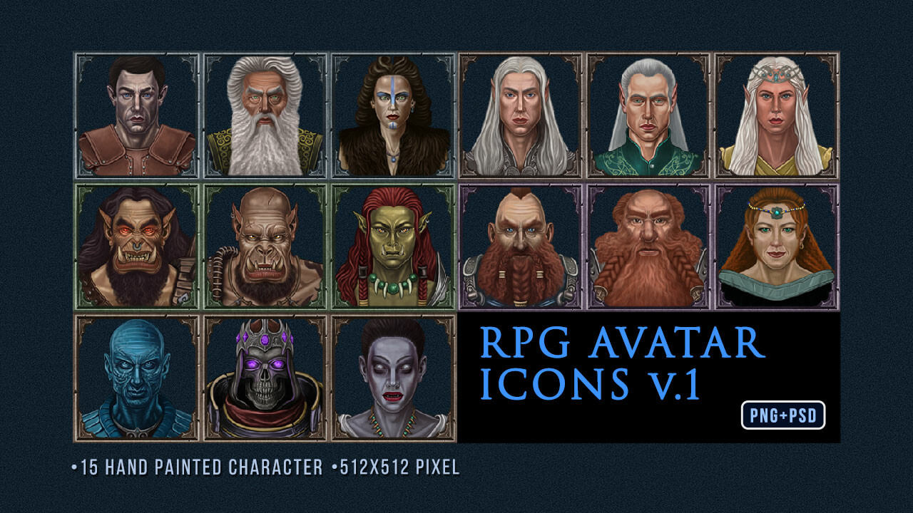 RPG avatar icon set: Tạo ra Avatar của riêng bạn với bộ sưu tập icon RPG Avatar đầy đủ và đẹp mắt. Với những biểu tượng độc đáo và sắc nét, bạn sẽ có thể tạo ra một nhân vật Avatar độc nhất vô nhị.