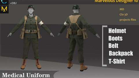 German Military Medical Uniform_Battlefile War Outfit_ Clo3d, Marvelous Designer Project + FBX + OBJ(if needed)