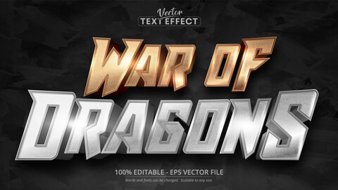 War of dragons text, shiny rose gold and silver color style editable text effect