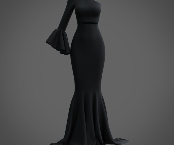 ArtStation - 3d Black mermaid gown - prom dress with ruffled sleeve ...