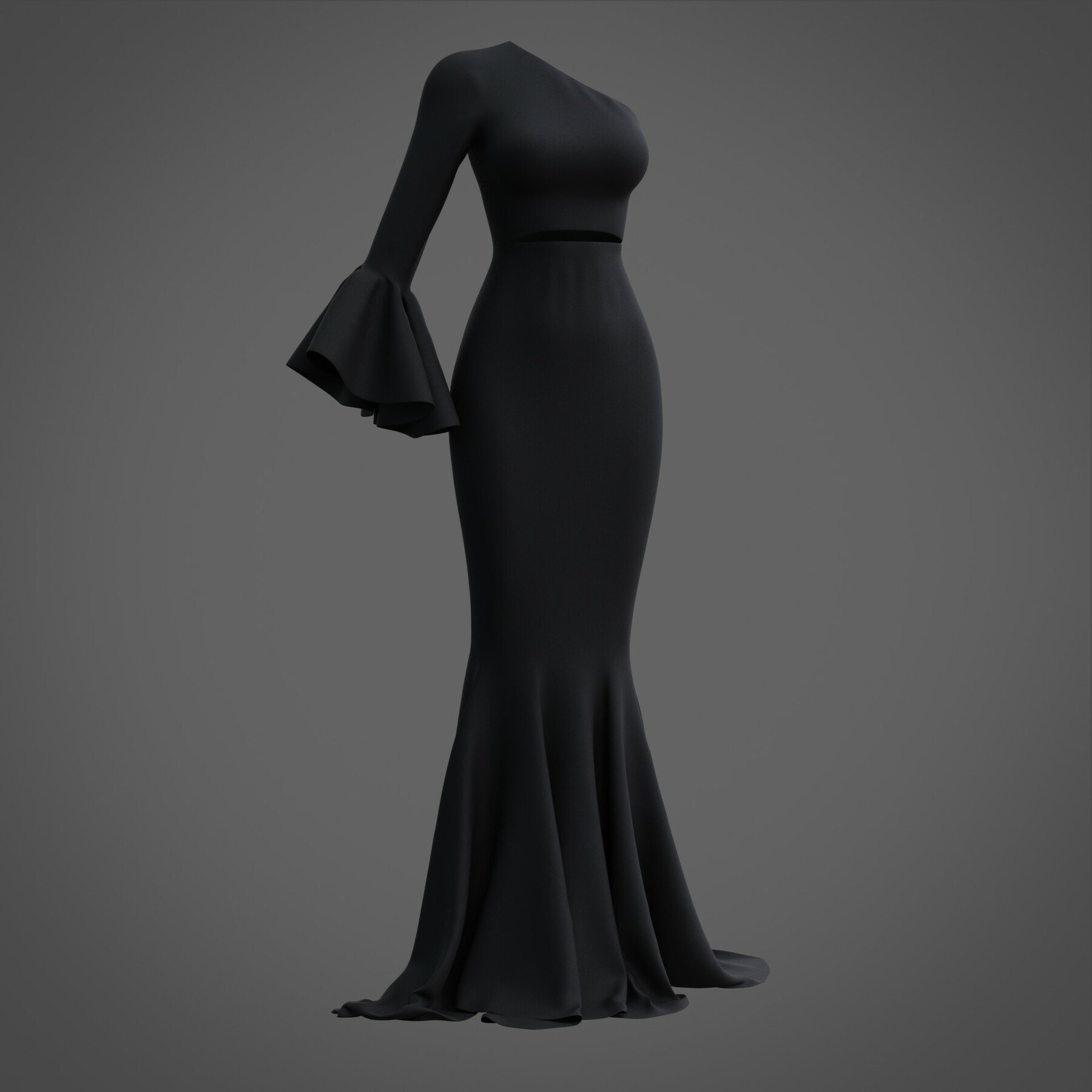 ArtStation - 3d Black mermaid gown - prom dress with ruffled sleeve ...