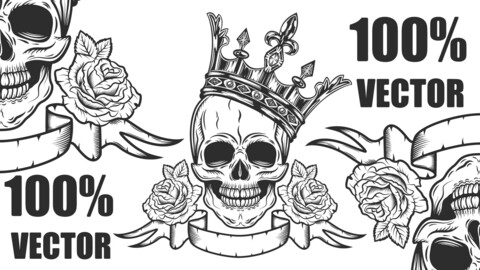 Vintage Prince Or King Skull In Crown With Rose And Ribbon Monochrome Isolated Vector Illustration. 100% Vector