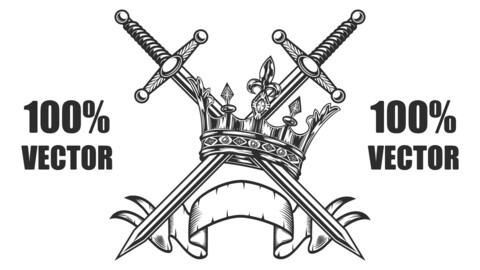Vintage Royal King Or prince Crown With Swords And Ribbon Template Monochrome Style Isolated Vector Illustration. 100% Vector