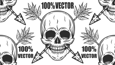 Vintage Skull With Arrow Monochrome Isolated Vector 2d Illustration. 100% Vector