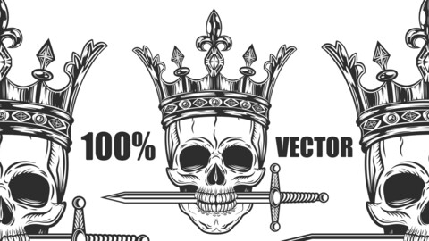 Vintage Prince Or King Skull In Crown With Sword Monochrome Isolated Vector 2d Illustration. 100% Vector Concept Art