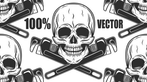 Vintage Monochrome Skull Builder From New Construction With Crossed Wrenches Plumbing And Gas Pipes Isolated Vector Illustration. 100% Vector