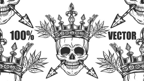 Skull With Crown And Arrows. Prince Or King With Corona In Monochrome Style. Isolated On White Background. 100% Vector